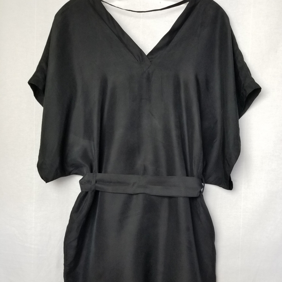 Piko 1988 Black Silk Short Dolman Sleeve Belted Mini Dress Size Medium - Picture 8 of 11